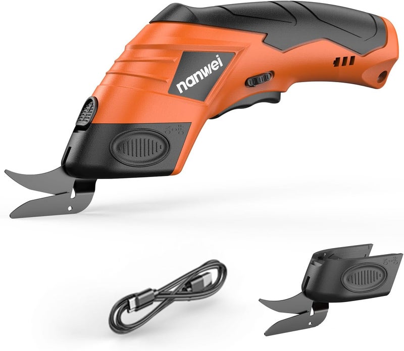 NANWEI Electric Scissors Cordless, Type-C Rechargeable Cardboard Cutter with 2 Blades,4.2V High‑torque Motor,for Thin Cardboard Fabric Carpet Leather (Orange) - Image 1